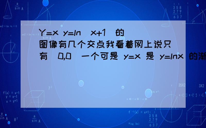 Y=x y=ln(x+1)的图像有几个交点我看着网上说只有（0,0）一个可是 y=x 是 y=lnx 的渐近线 y=lnx左移一个单位怎么会与y=x才有一个交点?是不是我对渐近线理解有误?渐近线难道不是与其无限接近的直