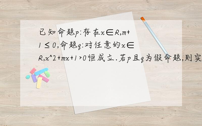 已知命题p:存在x∈R,m+1≤0,命题q:对任意的x∈R,x^2+mx+1>0恒成立.若p且q为假命题,则实数m的取值范围为