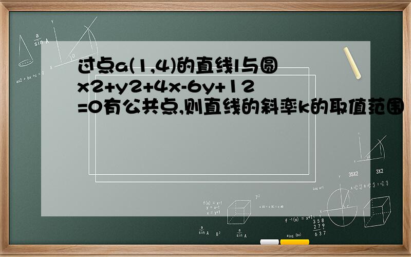 过点a(1,4)的直线l与圆x2+y2+4x-6y+12=0有公共点,则直线的斜率k的取值范围