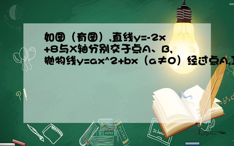 如图（有图）,直线y=-2x+8与X轴分别交于点A、B,抛物线y=ax^2+bx（a≠0）经过点A,顶点M在直线y=-2x+8上（1）求抛物线解析式；（2）如果抛物线的对称轴与x轴交于点N,那么在对称轴上找一点P,使得△