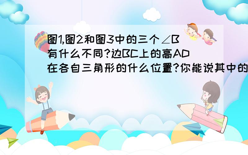 图1,图2和图3中的三个∠B有什么不同?边BC上的高AD在各自三角形的什么位置?你能说其中的规律吗?