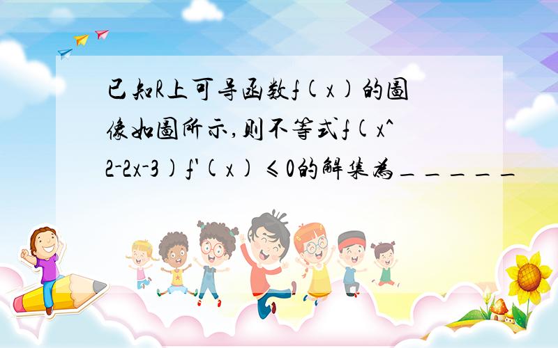 已知R上可导函数f(x)的图像如图所示,则不等式f(x^2-2x-3)f'(x)≤0的解集为_____