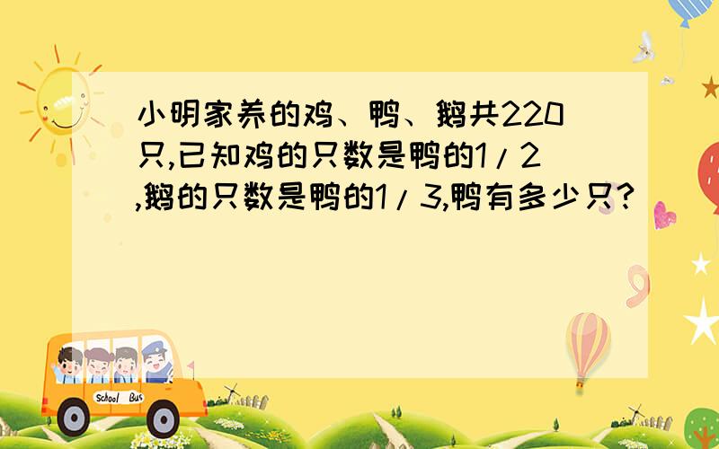 小明家养的鸡、鸭、鹅共220只,已知鸡的只数是鸭的1/2,鹅的只数是鸭的1/3,鸭有多少只?