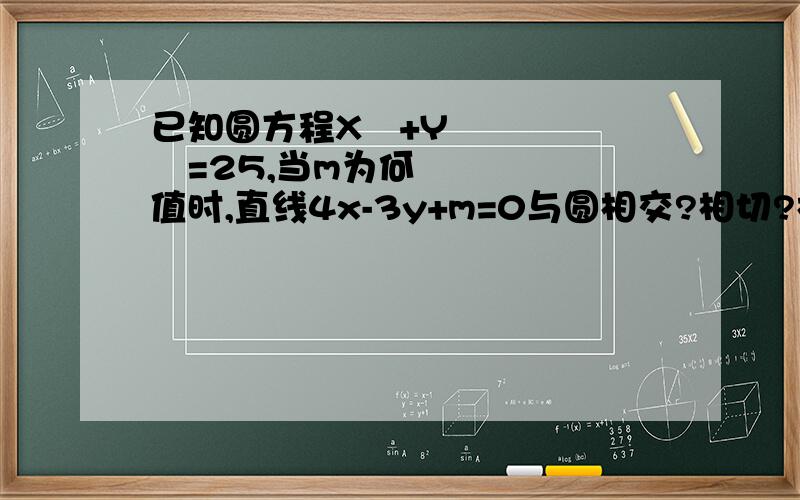 已知圆方程X²+Y²=25,当m为何值时,直线4x-3y+m=0与圆相交?相切?相离