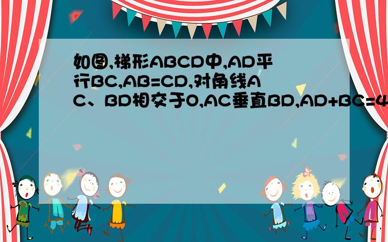 如图,梯形ABCD中,AD平行BC,AB=CD,对角线AC、BD相交于O,AC垂直BD,AD+BC=4cm求：1）对角线AC的长.2）梯形ABCD的面积.