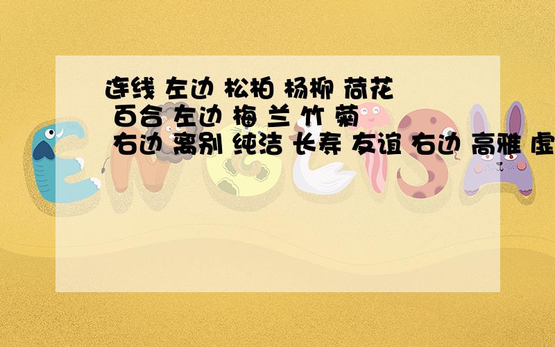 连线 左边 松柏 杨柳 荷花 百合 左边 梅 兰 竹 菊 右边 离别 纯洁 长寿 友谊 右边 高雅 虚心 坚强 报春