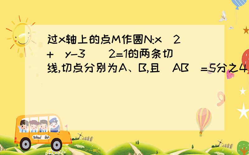 过x轴上的点M作圆N:x^2+(y-3)^2=1的两条切线,切点分别为A、B,且|AB|=5分之4√6,求直线MN的方程过x轴上的点M作圆N:x^2+(y-3)^2=1的两条切线,切点分别为A、B,且|AB|=5分之4√6,求直线MN的方程.