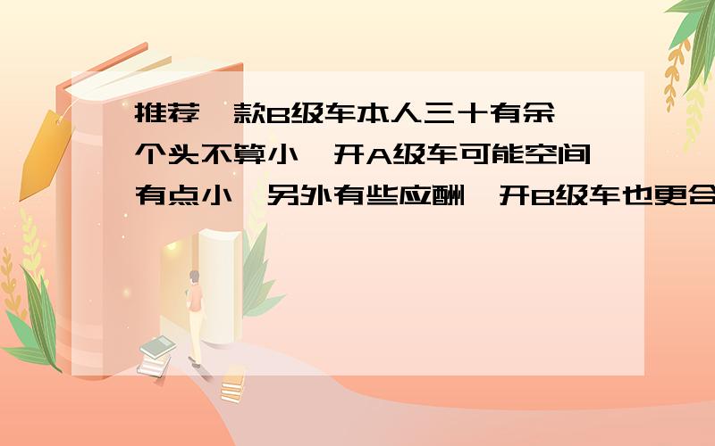 推荐一款B级车本人三十有余,个头不算小,开A级车可能空间有点小,另外有些应酬,开B级车也更合适.要求就是省油、配置全、操控好、安全、保养成本低.