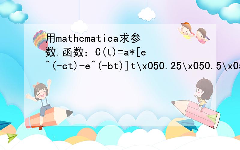 用mathematica求参数.函数：C(t)=a*[e^(-ct)-e^(-bt)]t\x050.25\x050.5\x050.75\x051\x051.5\x052\x052.5\x053\x053.5\x054\x054.5\x055C(t)\x0515\x0532\x0538\x0541\x0541\x0540\x0535\x0535\x0528\x0525\x0524\x0520t\x056\x057\x058\x059\x0510\x0511\x0512\