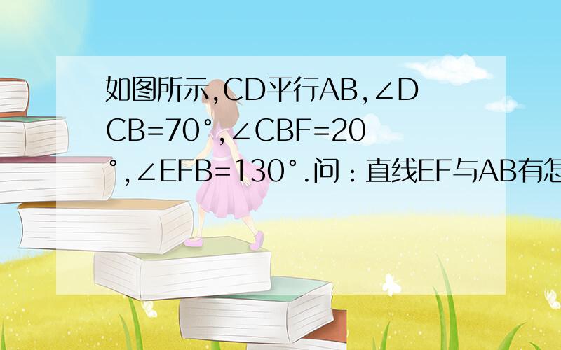 如图所示,CD平行AB,∠DCB=70°,∠CBF=20°,∠EFB=130°.问：直线EF与AB有怎样的位置关系,为什么?