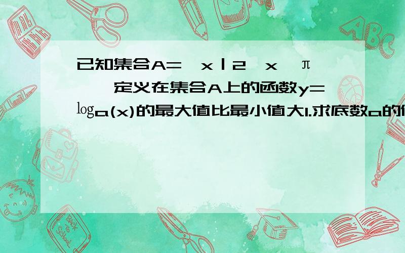 已知集合A=｛x｜2≤x≤π｝,定义在集合A上的函数y=㏒a(x)的最大值比最小值大1.求底数a的值