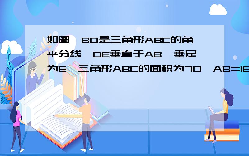 如图,BD是三角形ABC的角平分线,DE垂直于AB,垂足为E,三角形ABC的面积为70,AB=16,BC＝12.求DE的长 快,今晚就要!