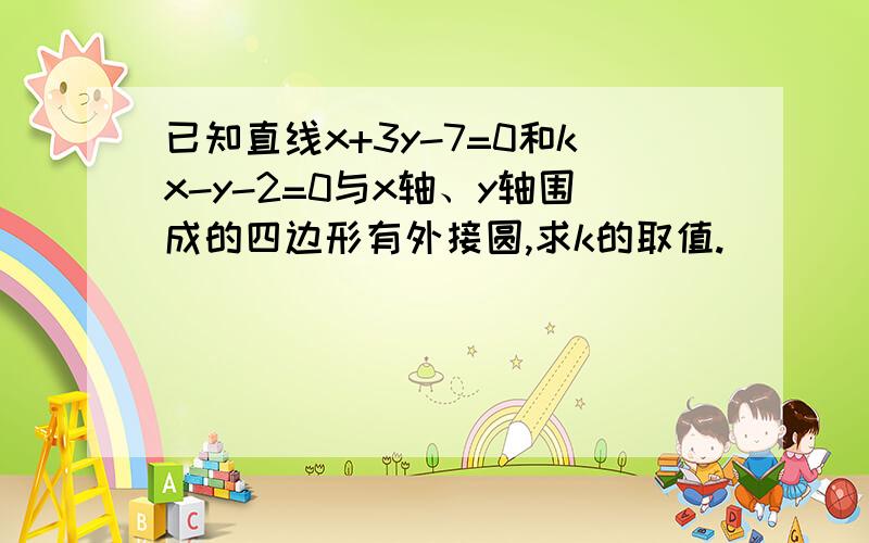 已知直线x+3y-7=0和kx-y-2=0与x轴、y轴围成的四边形有外接圆,求k的取值.