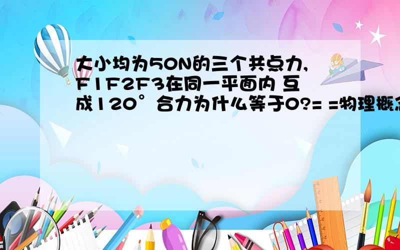 大小均为50N的三个共点力,F1F2F3在同一平面内 互成120°合力为什么等于0?= =物理概念很薄弱,我按照平行四边形定则算成150√2.我的步骤是F1 F2算出个50√2,F2,F3算出个50√2,F1 F3再算出个50√2我哪