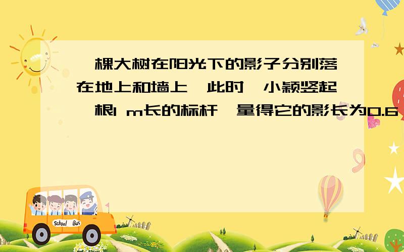 一棵大树在阳光下的影子分别落在地上和墙上,此时,小颖竖起一根1 m长的标杆,量得它的影长为0.6 m,同时又量得大树落在地上的影长为6 m,落在墙上的影子高3 m．根据这些数据,小颖算出了这棵