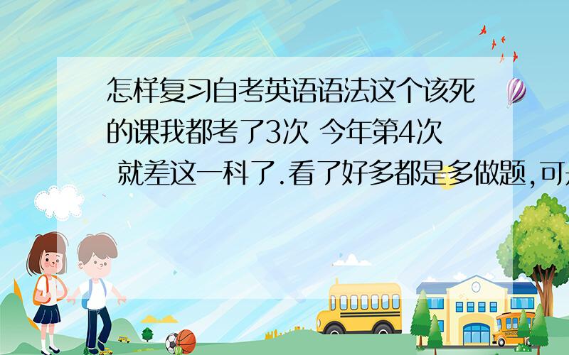 怎样复习自考英语语法这个该死的课我都考了3次 今年第4次 就差这一科了.看了好多都是多做题,可是题也是书上的考点,要是不看书的话做题还是抓不到点上``~我就是时态和虚拟那一块不太灵