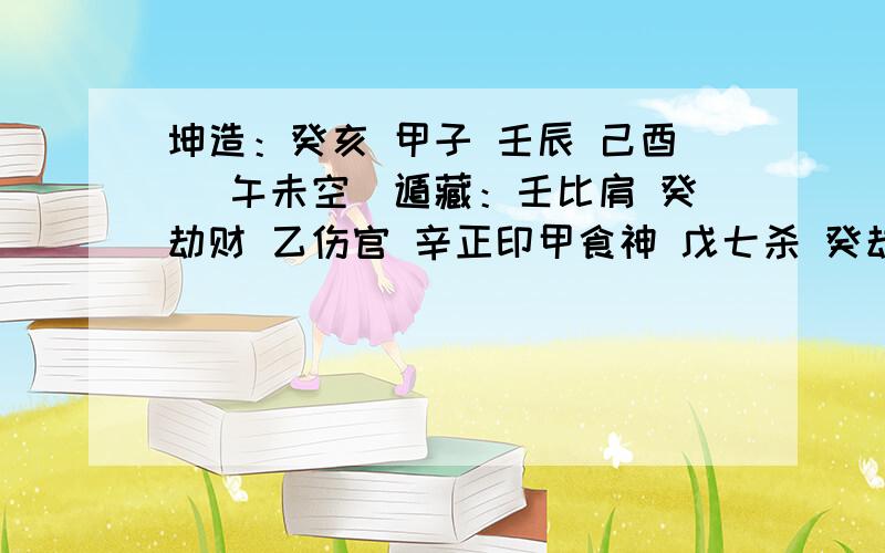 坤造：癸亥 甲子 壬辰 己酉 （午未空）遁藏：壬比肩 癸劫财 乙伤官 辛正印甲食神 戊七杀 癸劫财 纳音：大海水 海中金 长流水 神煞：天医 咸池 红鸾 灾煞 词馆 羊刃 月德贵人 披麻 禄神 将