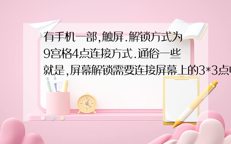 有手机一部,触屏.解锁方式为9宫格4点连接方式.通俗一些就是,屏幕解锁需要连接屏幕上的3*3点中的4个点（图形任意）.问,有多少概率能在不知道密码的情况下输入正确的触控密码?忘记说，4