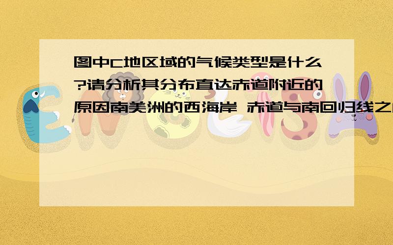 图中C地区域的气候类型是什么?请分析其分布直达赤道附近的原因南美洲的西海岸 赤道与南回归线之间