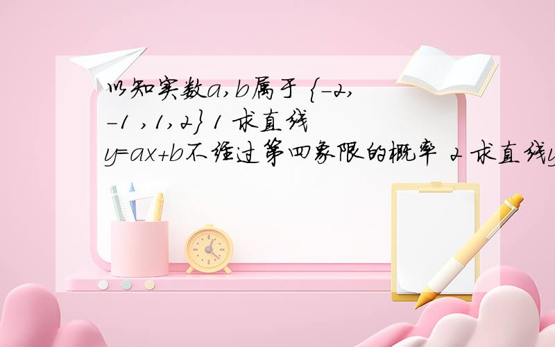 以知实数a,b属于 {-2,-1 ,1,2} 1 求直线y=ax+b不经过第四象限的概率 2 求直线y=ax+b与圆x平方+y平方=1有以知实数a,b属于 {-2,-1 ,1,2} 1 求直线y=ax+b不经过第四象限的概率 2 求直线y=ax+b与圆x平方+y平方=1