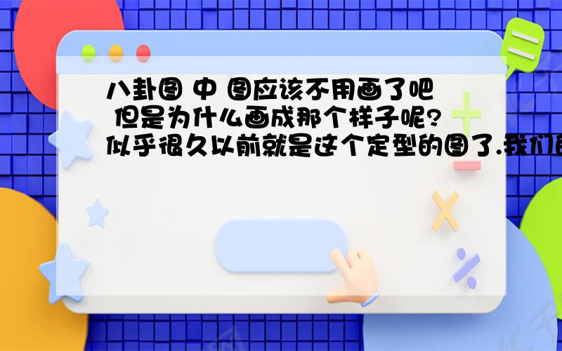 八卦图 中 图应该不用画了吧 但是为什么画成那个样子呢?似乎很久以前就是这个定型的图了.我们的祖先真伟大!这个图似乎是阴阳互相追逐，互相换位，每个“大头”的中央为什么还要有一