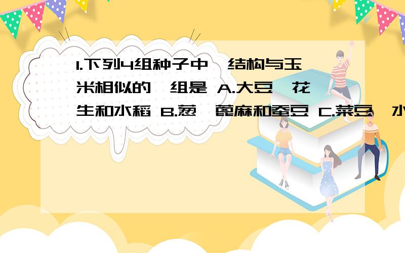 1.下列4组种子中,结构与玉米相似的一组是 A.大豆、花生和水稻 B.葱、蓖麻和蚕豆 C.菜豆、水稻和小麦1.下列4组种子中,结构与玉米相似的一组是A.大豆、花生和水稻B.葱、蓖麻和蚕豆C.菜豆、