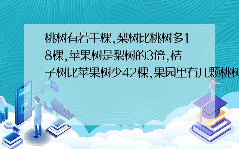 桃树有若干棵,梨树比桃树多18棵,苹果树是梨树的3倍,桔子树比苹果树少42棵,果园里有几颗桃树?