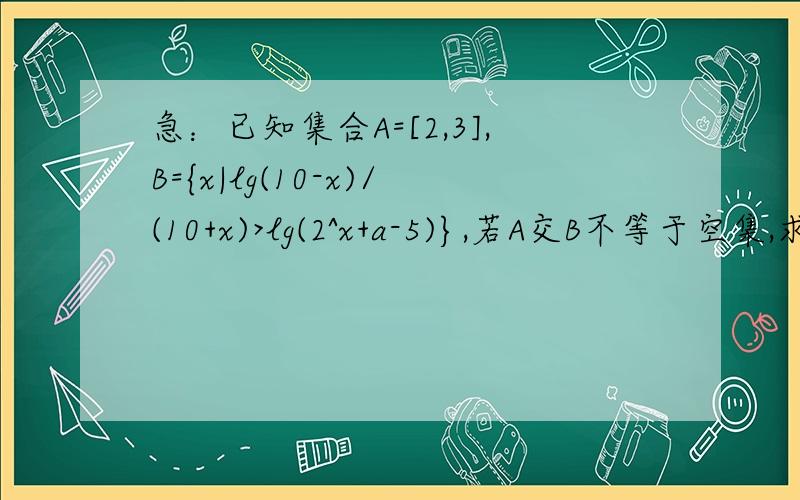 急：已知集合A=[2,3],B={x|lg(10-x)/(10+x)>lg(2^x+a-5)},若A交B不等于空集,求实数a的范围.