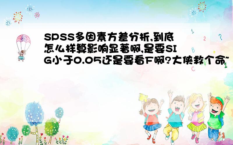 SPSS多因素方差分析,到底怎么样算影响显著啊,是要SIG小于0.05还是要看F啊?大侠救个命~