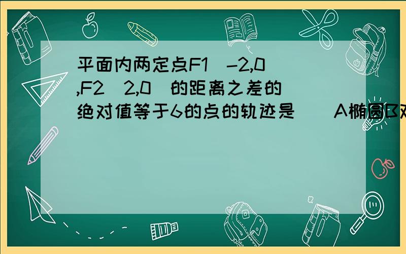 平面内两定点F1(-2,0),F2(2,0)的距离之差的绝对值等于6的点的轨迹是（）A椭圆B双曲线C圆D不存在