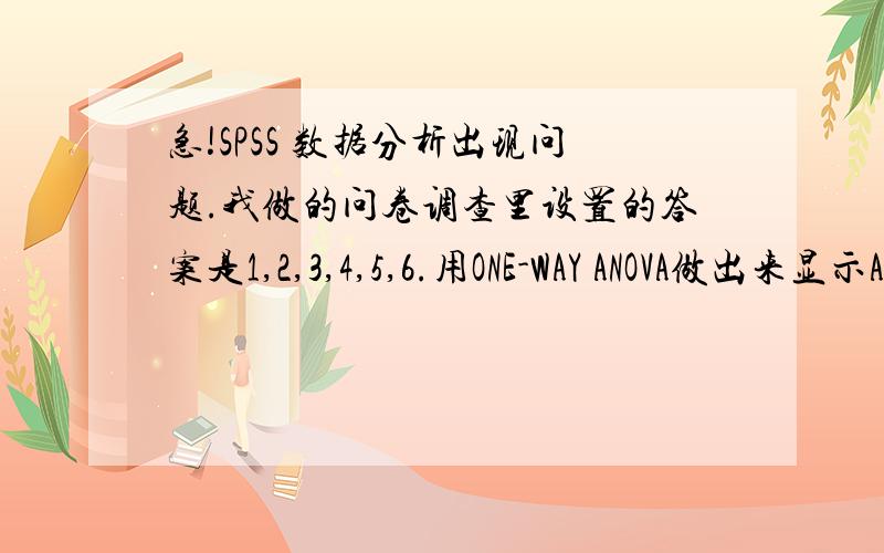 急!SPSS 数据分析出现问题.我做的问卷调查里设置的答案是1,2,3,4,5,6.用ONE-WAY ANOVA做出来显示A部分和B部分在一二三部分里的显著性全是0.000.怎么可以让一二三部分的某部分变成高于0.05的?