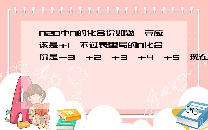 N2O中N的化合价如题,算应该是＋1,不过表里写的N化合价是－3,＋2,＋3,＋4,＋5,现在在作业,