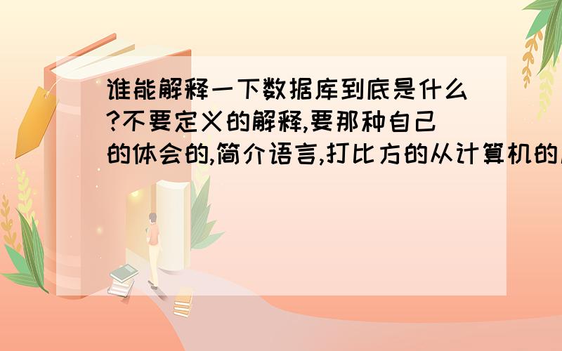 谁能解释一下数据库到底是什么?不要定义的解释,要那种自己的体会的,简介语言,打比方的从计算机的层面……比如在计算机中什么位置……