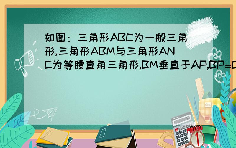 如图：三角形ABC为一般三角形,三角形ABM与三角形ANC为等腰直角三角形,BM垂直于AP,BP=CP,求证PM=PN?