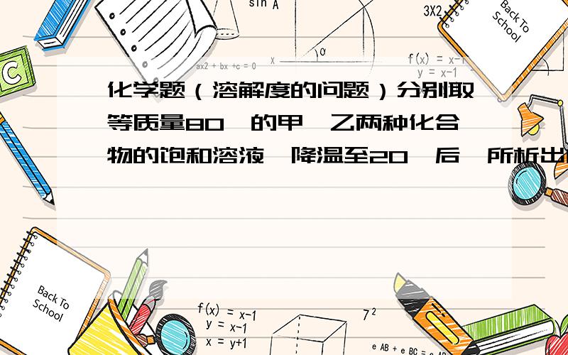 化学题（溶解度的问题）分别取等质量80℃的甲、乙两种化合物的饱和溶液,降温至20℃后,所析出的甲的质量比乙的大(甲和乙均无结晶水).下列关于甲、乙溶解度的叙述中肯定正确的是(A)20℃