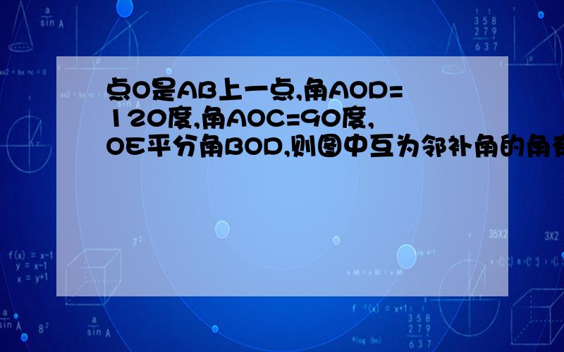 点O是AB上一点,角AOD=120度,角AOC=90度,OE平分角BOD,则图中互为邻补角的角有几对,互补的角有几对.