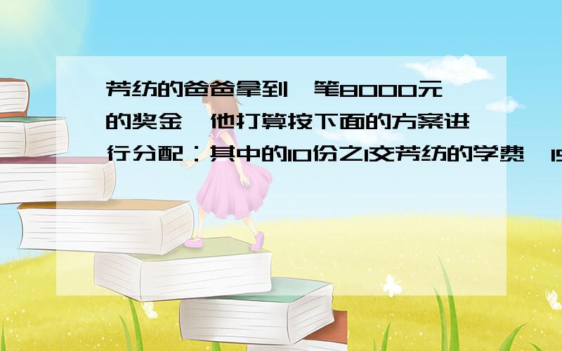 芳纺的爸爸拿到一笔8000元的奖金,他打算按下面的方案进行分配：其中的10份之1交芳纺的学费,15％用来购书．其余的购买国家建设帻券．交学费和购书一共多少钱？国家建设债券定期3年，年