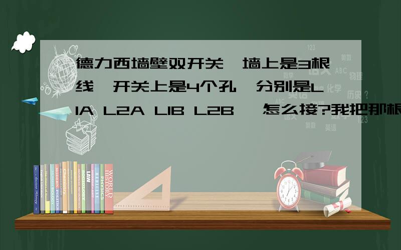 德力西墙壁双开关,墙上是3根线,开关上是4个孔,分别是L1A L2A L1B L2B ,怎么接?我把那根输出线（就是用电笔试着有电那条线）接到L1A 和L2A上,另外两条分别接L1B和L2B上,但是不行,-