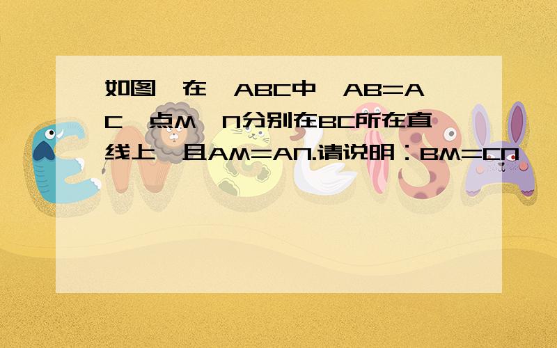 如图,在△ABC中,AB=AC,点M、N分别在BC所在直线上,且AM=AN.请说明：BM=CN