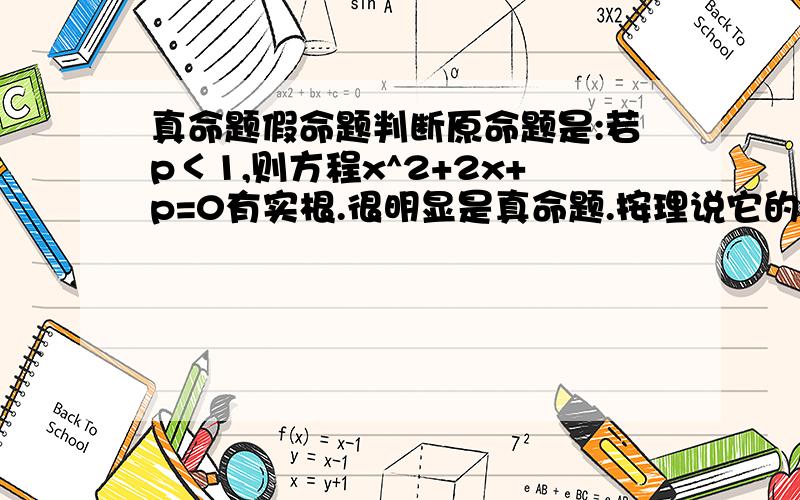 真命题假命题判断原命题是:若p＜1,则方程x^2+2x+p=0有实根.很明显是真命题.按理说它的逆否命题也该是真命题.逆否命题：若方程x^2+2x+p=0无实根,则p≥1,可是等于1不是有根的吗?