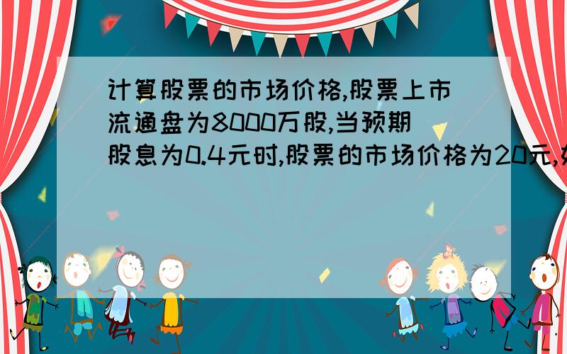 计算股票的市场价格,股票上市流通盘为8000万股,当预期股息为0.4元时,股票的市场价格为20元,如果银行利息率提高2％当预期股息为0.6元时,该股票的市场价格为?