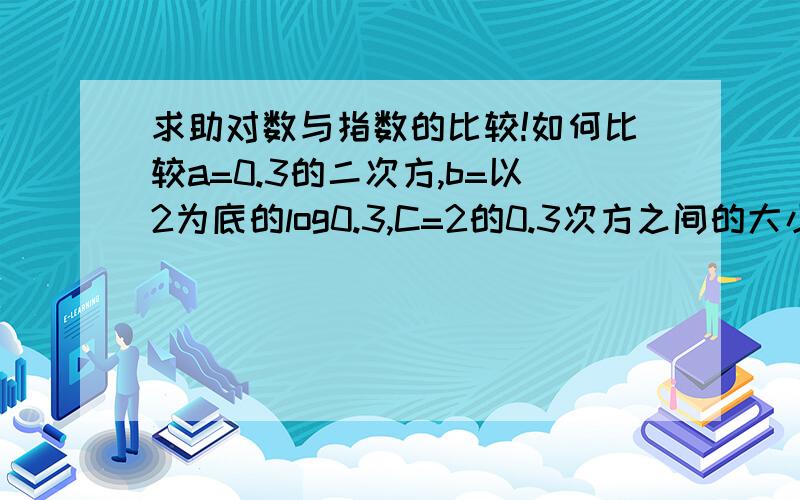 求助对数与指数的比较!如何比较a=0.3的二次方,b=以2为底的log0.3,C=2的0.3次方之间的大小关系