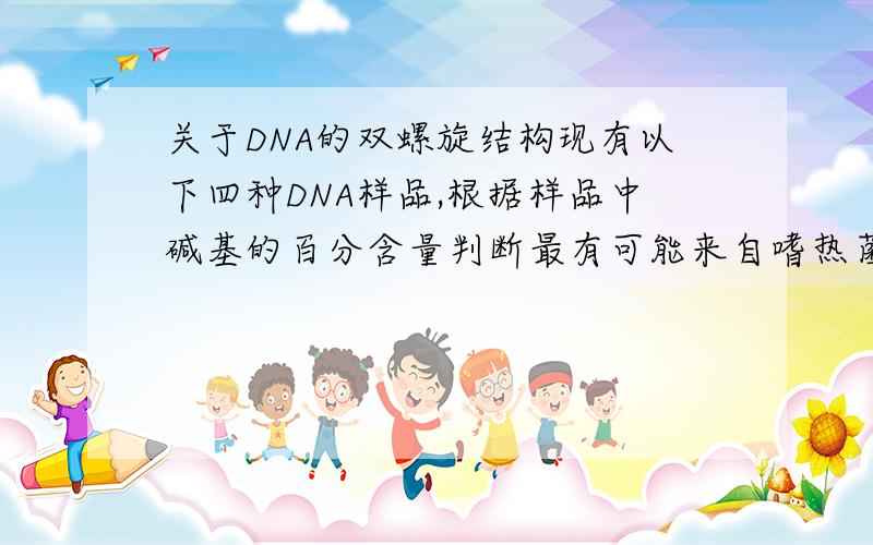 关于DNA的双螺旋结构现有以下四种DNA样品,根据样品中碱基的百分含量判断最有可能来自嗜热菌（生活在高温环境中）的是（    ）A.含胸腺嘧啶32%的样品B.含腺嘌呤17%的样品C.含腺嘌呤30%的样