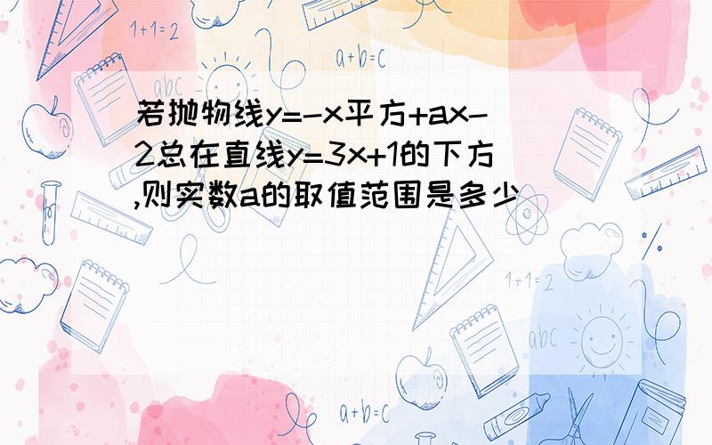 若抛物线y=-x平方+ax-2总在直线y=3x+1的下方,则实数a的取值范围是多少