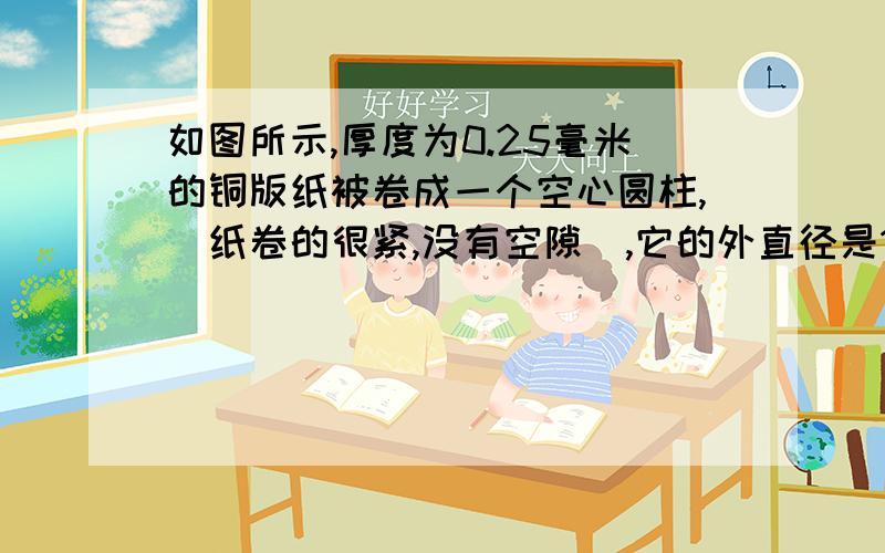 如图所示,厚度为0.25毫米的铜版纸被卷成一个空心圆柱,（纸卷的很紧,没有空隙）,它的外直径是180厘米,内直径是50厘米.这卷铜版纸的总长是多少米?