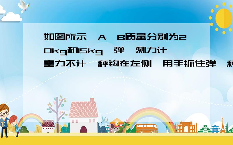 如图所示,A、B质量分别为20kg和15kg,弹簧测力计重力不计,秤钩在左侧,用手抓住弹簧秤时弹簧秤的示数是(A)用手抓住A时,弹簧秤示数为（C）,用手抓住B时弹簧秤示数（A）A 196N B 343N C 147N D 49N需要