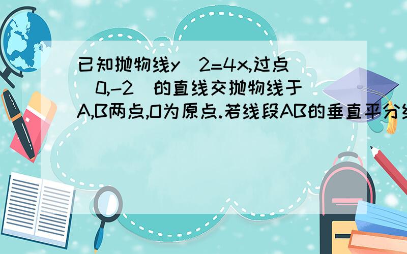 已知抛物线y^2=4x,过点（0,-2）的直线交抛物线于A,B两点,O为原点.若线段AB的垂直平分线交x轴于点（n,0),求n的取值范围