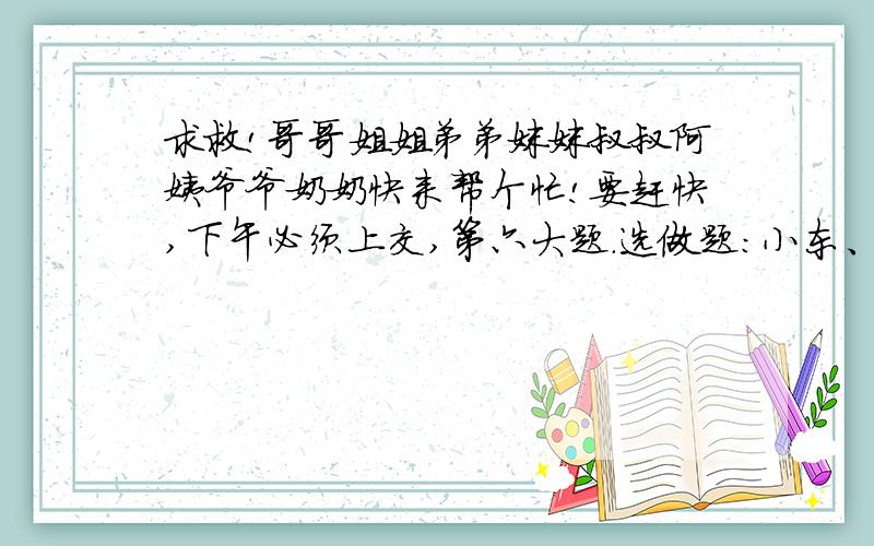 求救!哥哥姐姐弟弟妹妹叔叔阿姨爷爷奶奶快来帮个忙!要赶快,下午必须上交,第六大题.选做题：小东、小红、小兰三位同学分一块饼.小红说：我和小兰一共分得三分之二块饼.小东说：我和小