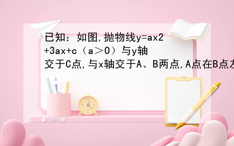 已知：如图,抛物线y=ax2+3ax+c（a＞0）与y轴交于C点,与x轴交于A、B两点,A点在B点左侧．点B的坐标为（1,0）,OC=3BO．（1）求抛物线的解析式；（2）若点D是线段AC下方抛物线上的动点,求四边形ABCD