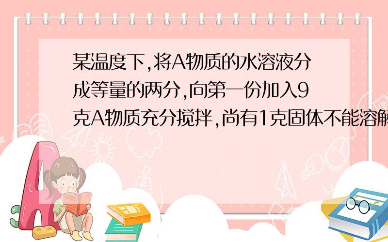 某温度下,将A物质的水溶液分成等量的两分,向第一份加入9克A物质充分搅拌,尚有1克固体不能溶解.将第2份溶液蒸发掉40克水,并恢复到原温度,溶液恰好包好（无A析出）,则A物质在该温度下的溶